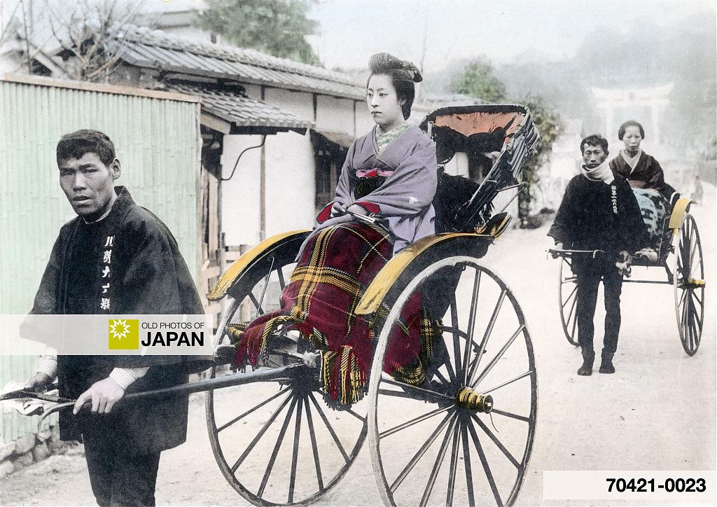 A Japanese bride returns to her old home in a rickshaw, 1905