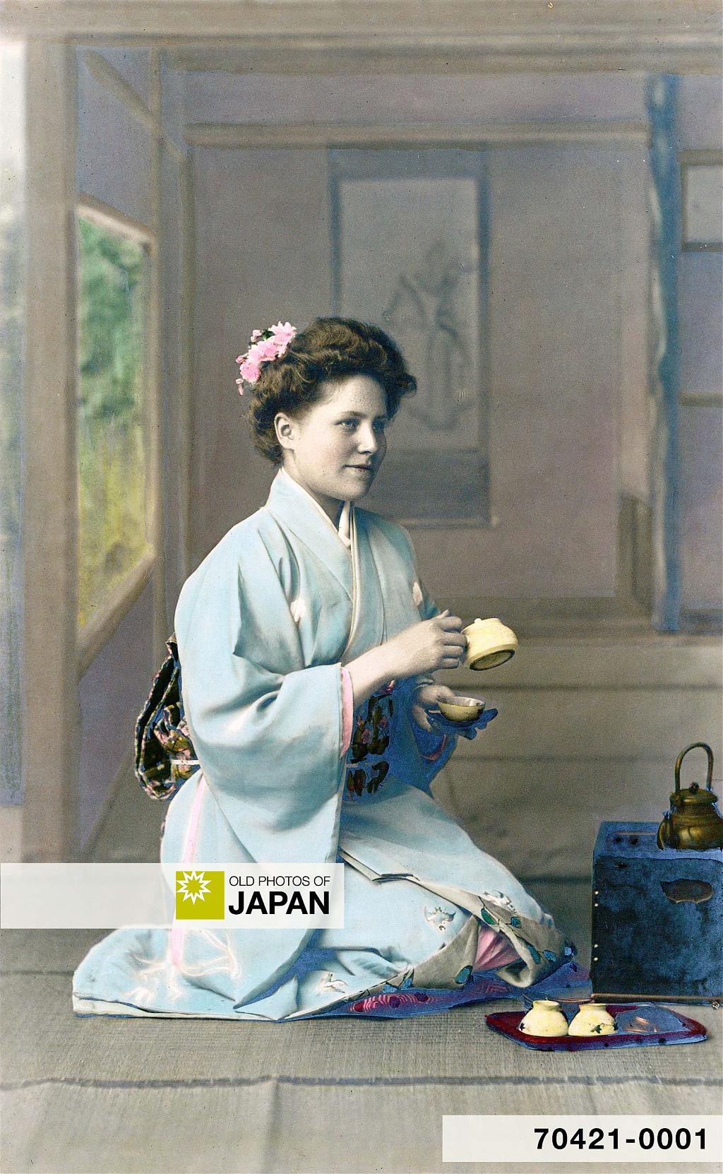 Western woman posing in Japanese kimono, ca. 1880s