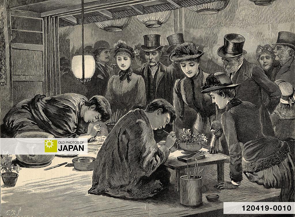 British men and women observe skilled Japanese artisans at work at The Japanese Village exhibition in London, 1880s