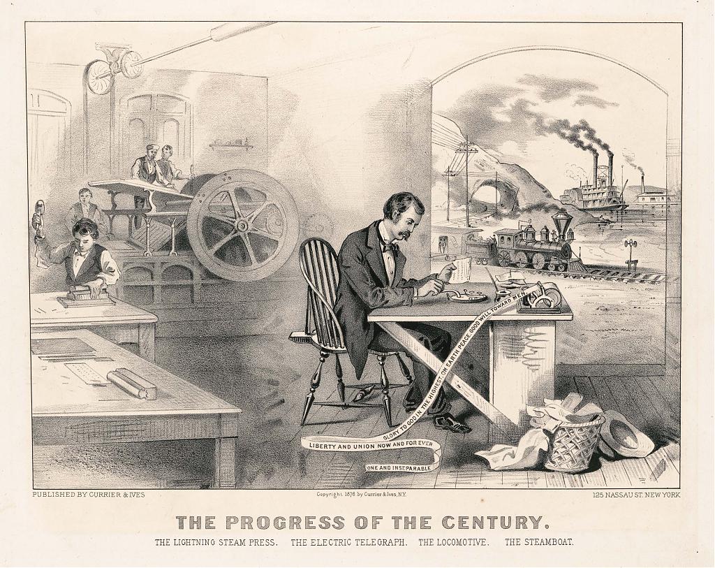1876 print with 19th century inventions that made the world a smaller place