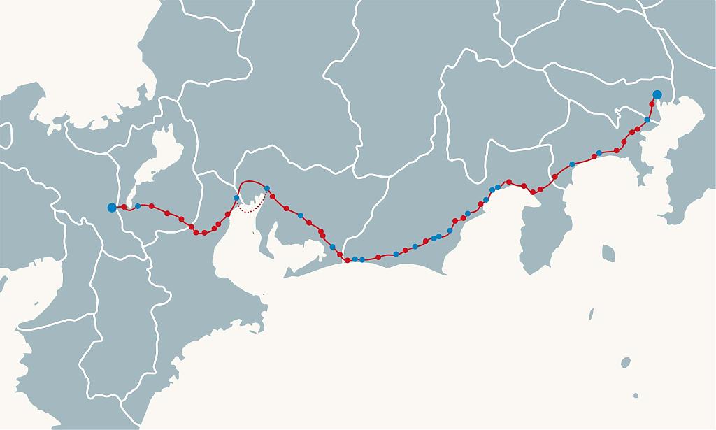 Map of major water crossings (in blue) on the Tōkaidō highway in Japan