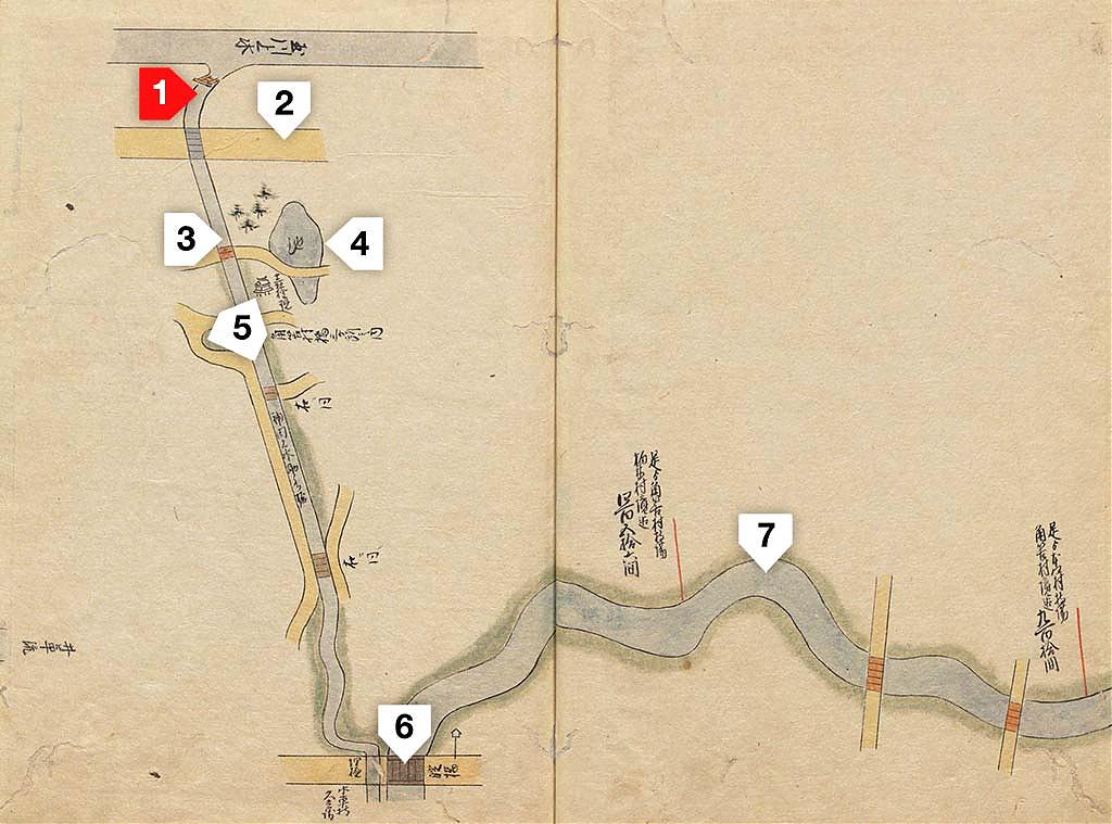 1791 (Kansei 3) map of the josuibori in Tsunohazu, Tokyo