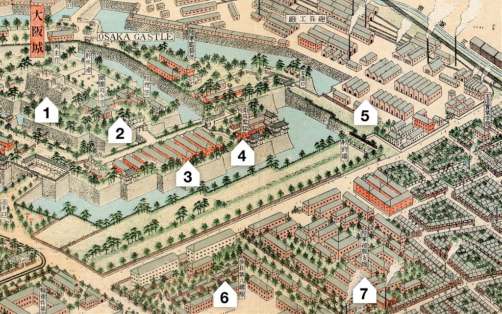 View on Osaka Castle on an illustrated map from 1924