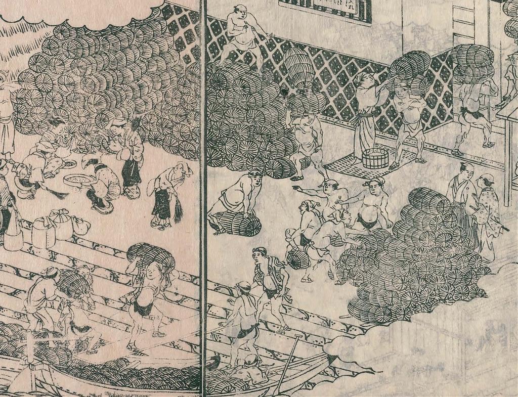 Transferring rice bales to a kurayashiki as illustrated in Settsu Meisho Zue, 1790s