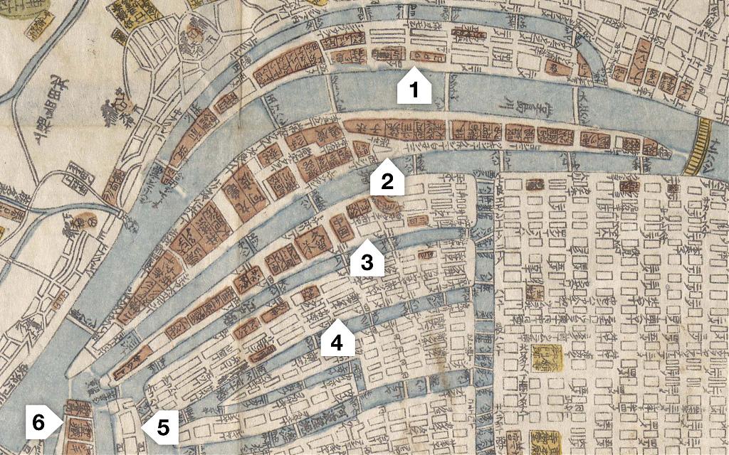 Nakanoshima and surrounding islands on a 1832 map of Osaka