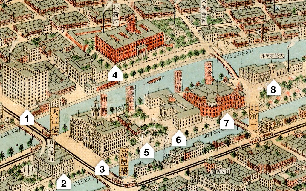 1924 illustrated bird's-eye map of Nakanoshima, Osaka