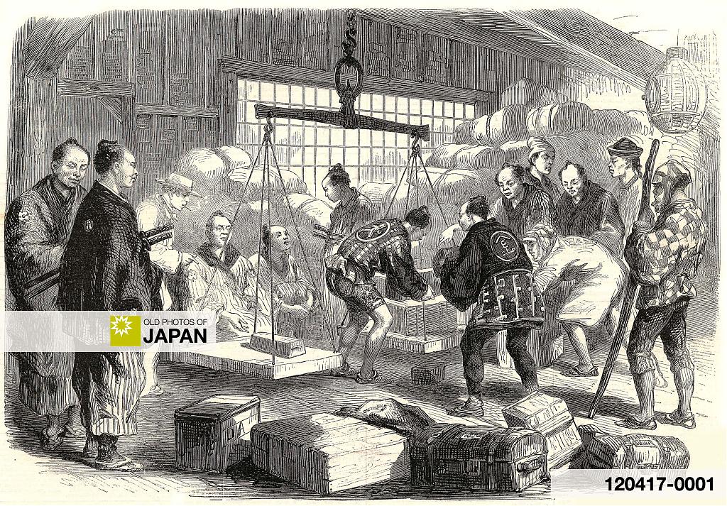 Japanese custom officers at work at the custom house in Yokohama, Kanagawa Prefecture, 1861