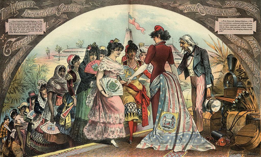 Illustration in American humor magazine Puck referencing the World's International and Cotton Centennial Exposition in New Orleans (1884–1885)