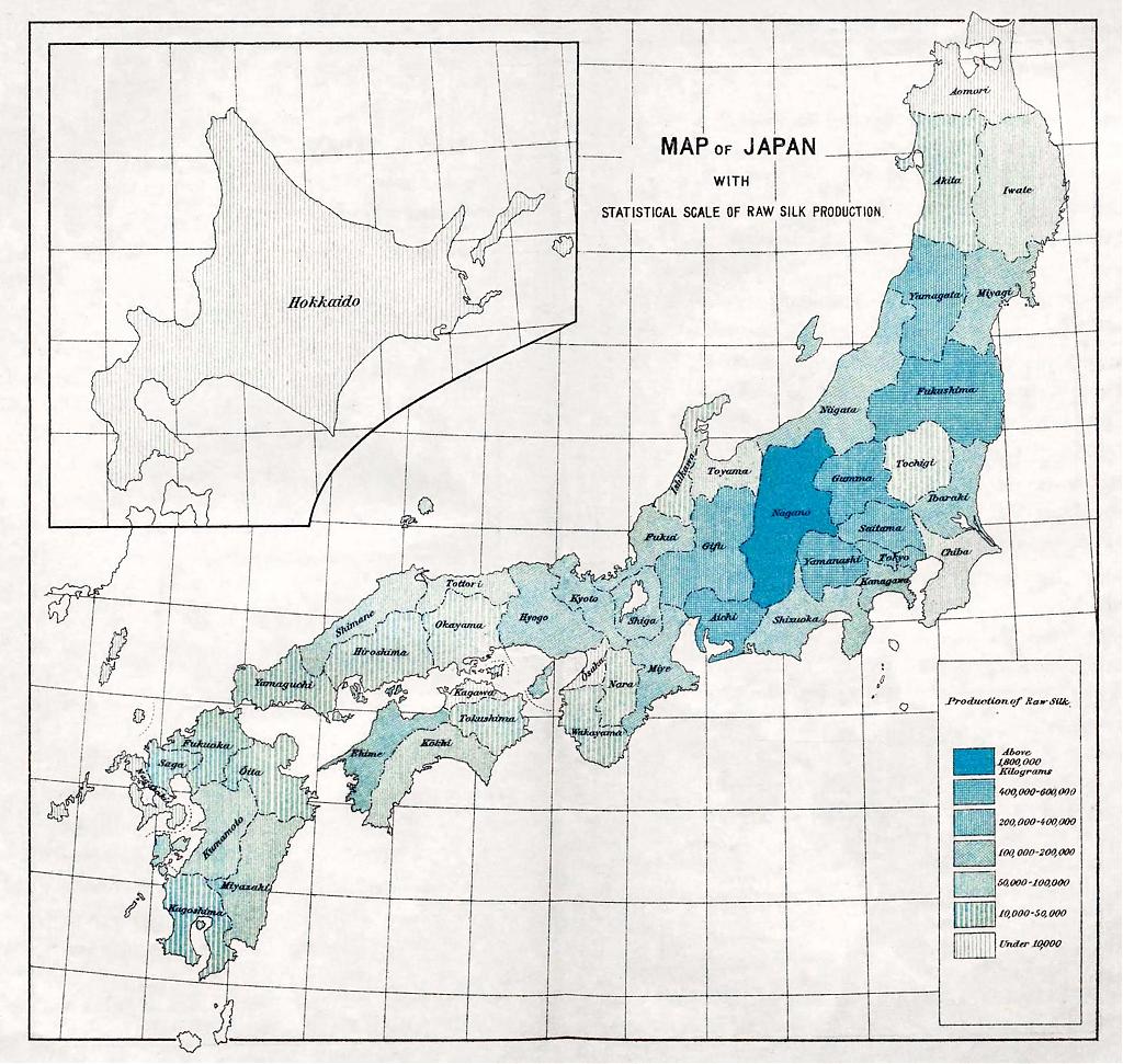 Raw silk production by prefecture, ca. 1907