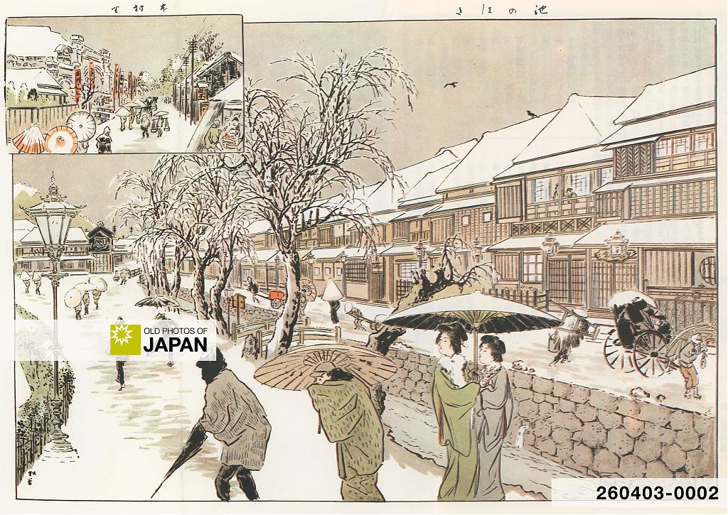 Illustration of rendezvous teahouses and restaurants along the edge of Shinobazu Pond, 1908