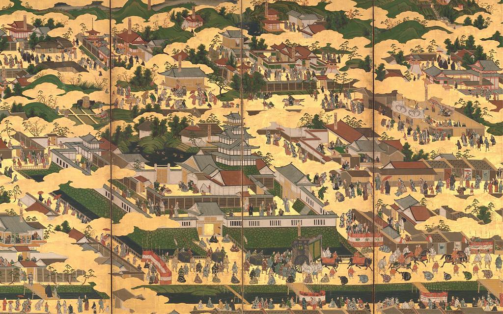 17th century folding screen of scenes in and around Kyoto