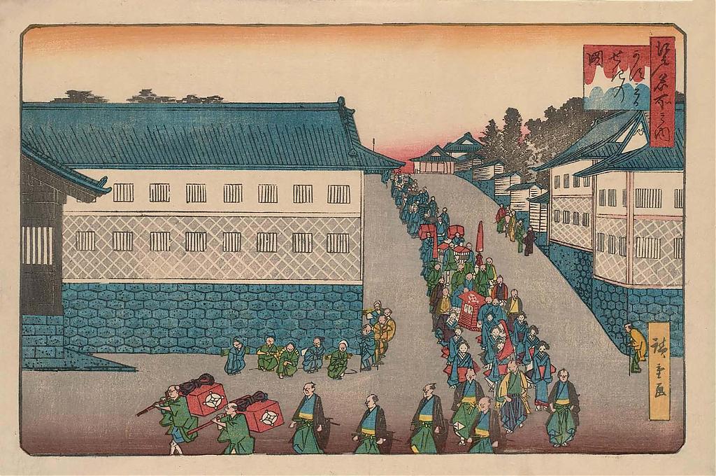 Daimyō procession passing by yashiki at Edo's Kasumigaseki district, ca. 1839–42