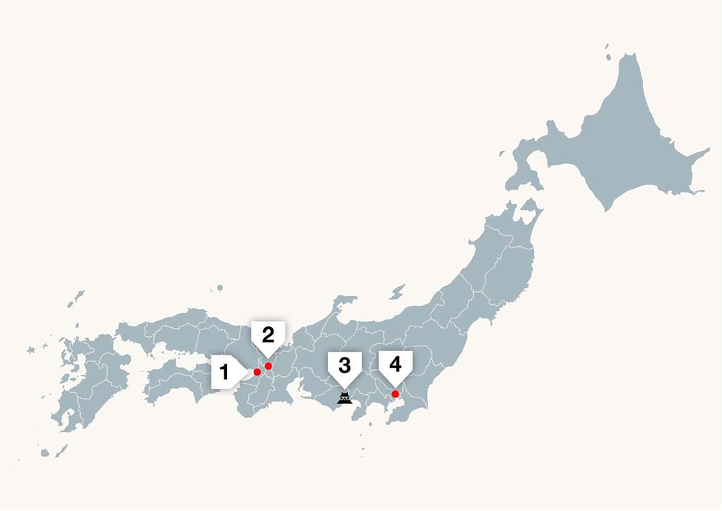 Map of Japan with Osaka, Kyoto, Sunpu Castle, and Edo