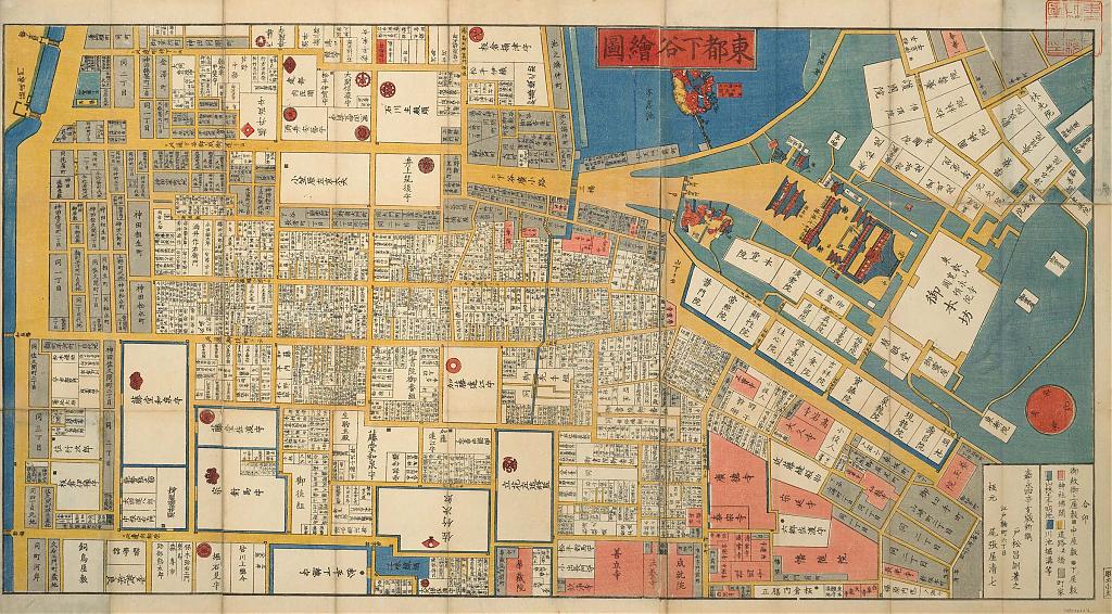 Woodblock print map of Edo's Shitaya district in 1850