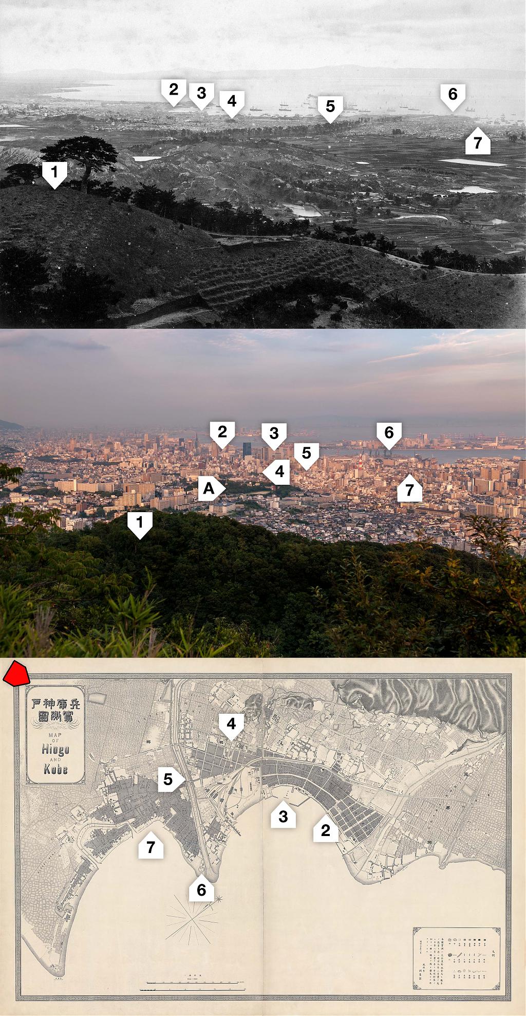 Panoramic view of Kobe Port in 1870s and 2008