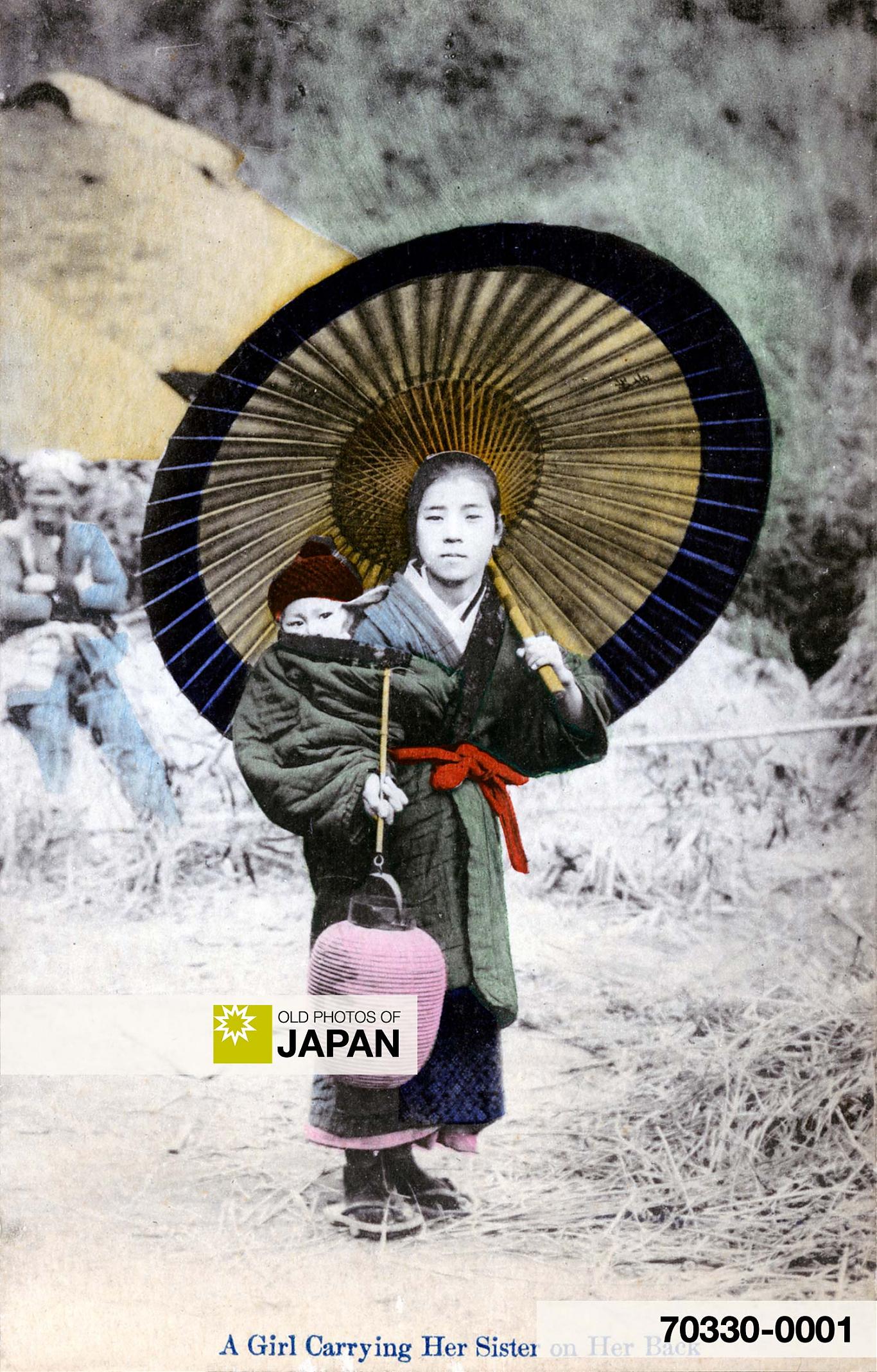 70330-0001 - Japanese Girl with Paper Parasol Carrying her Baby Sister