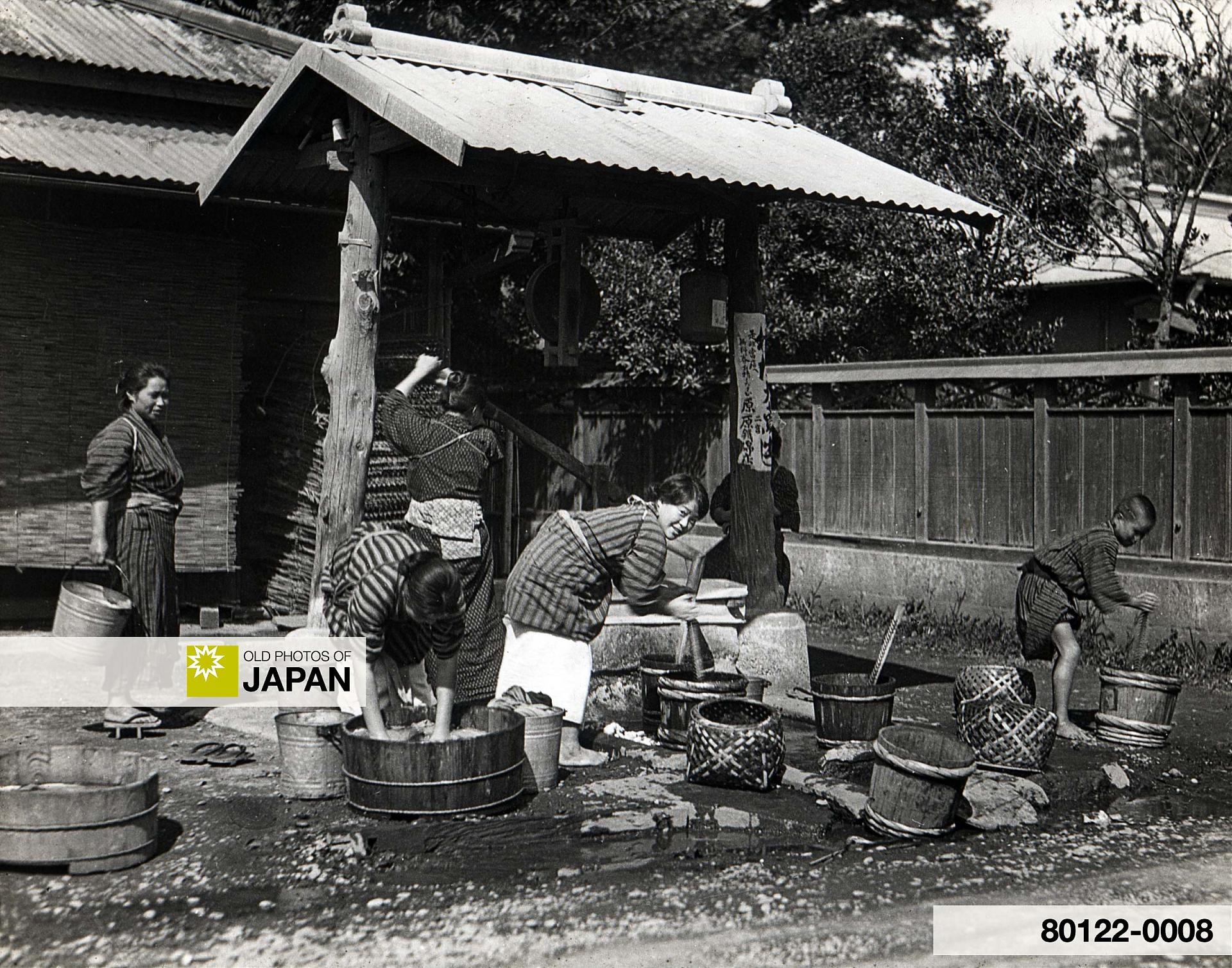 80122-0008 - Japanese Women Washing Clothes in Small Tubs at Public Washing Place in Kamakura, Japan, 1930