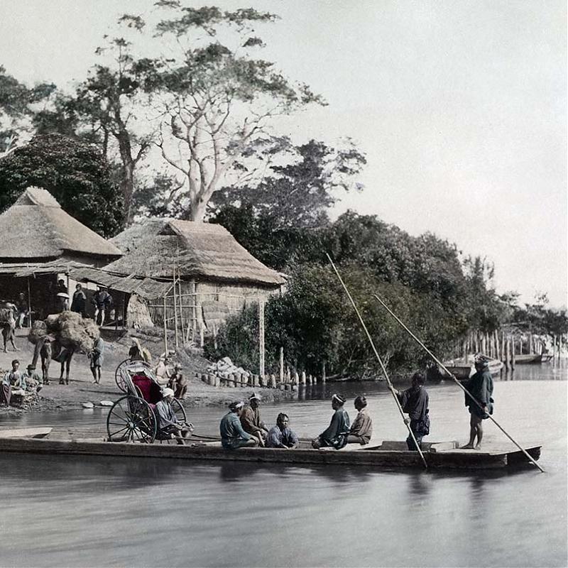 Photo by Felice Beato of the Tokaido ferry across the Rokugogawa River at Kawasaki, 1870s