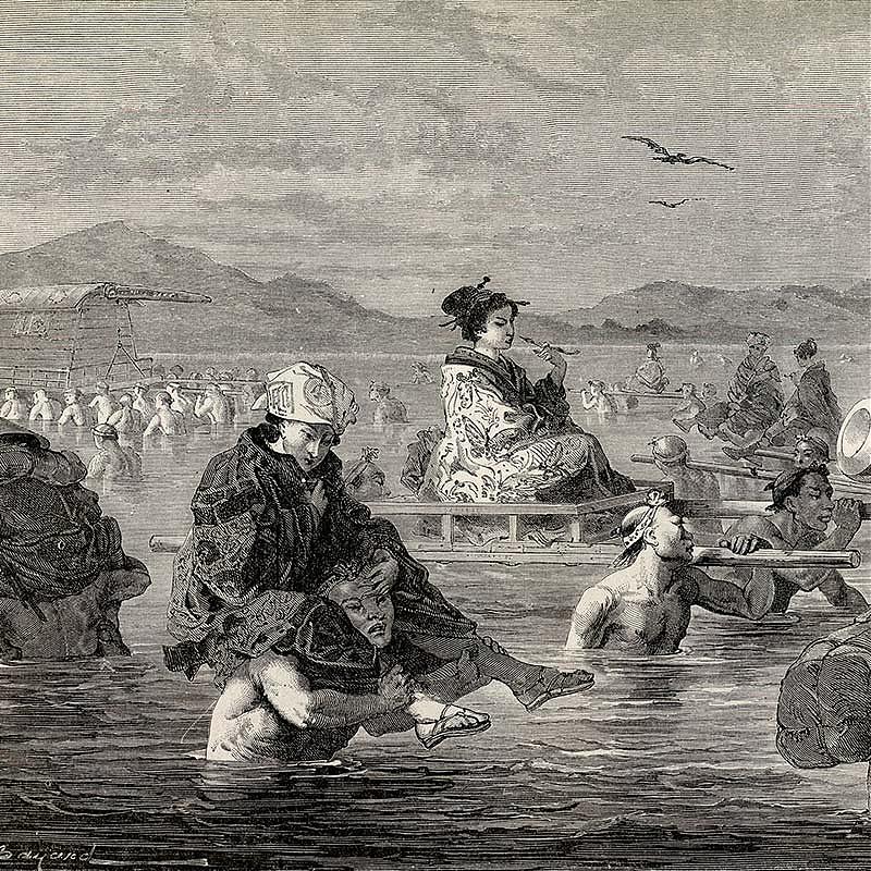 Engraving of Japanese porters carrying travelers across a wide river, 1860s